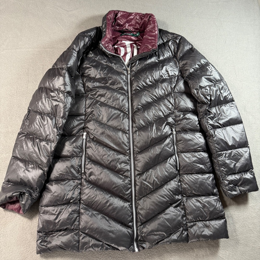 Lauren Ralph Lauren Women's XL Down Puffer Jacket Black Burgundy Lined Coat